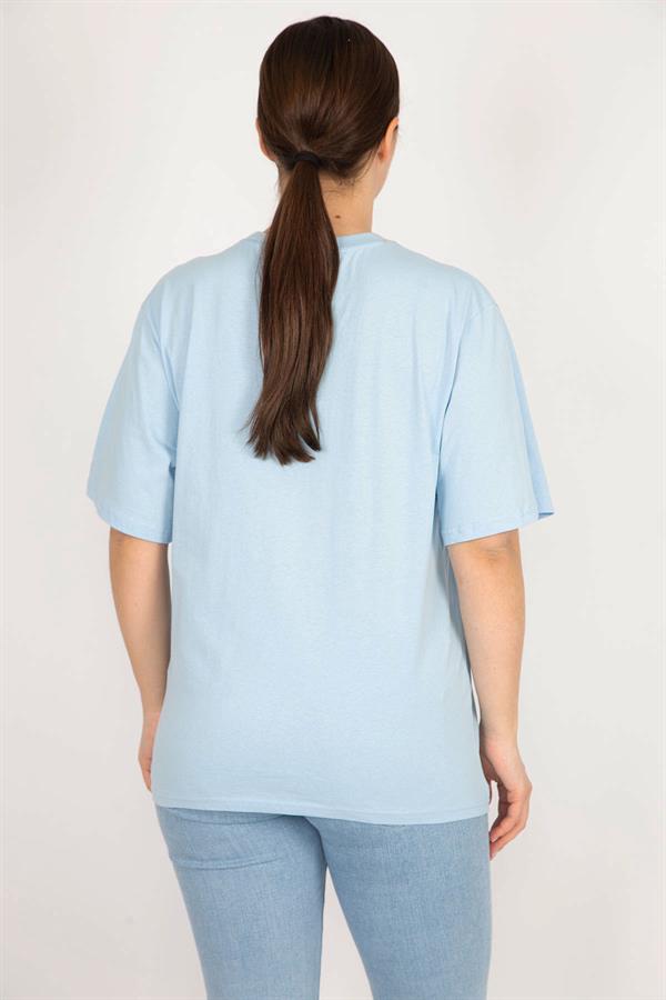 Kadın Mavi Büyük Beden Pamuklu Kumaş Ön Baskılı Bluz