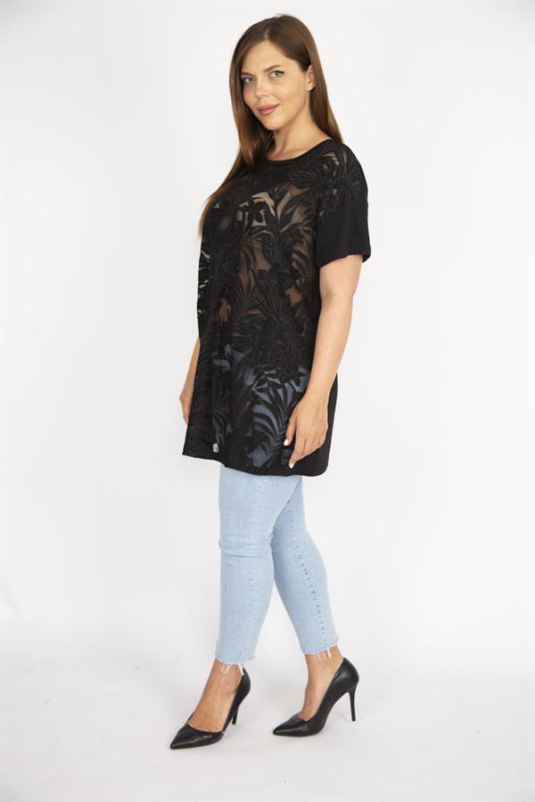 Kadın Beyaz Büyük Beden Önü Flok Bisiklet Yakalı Kısa Kollu Bluz