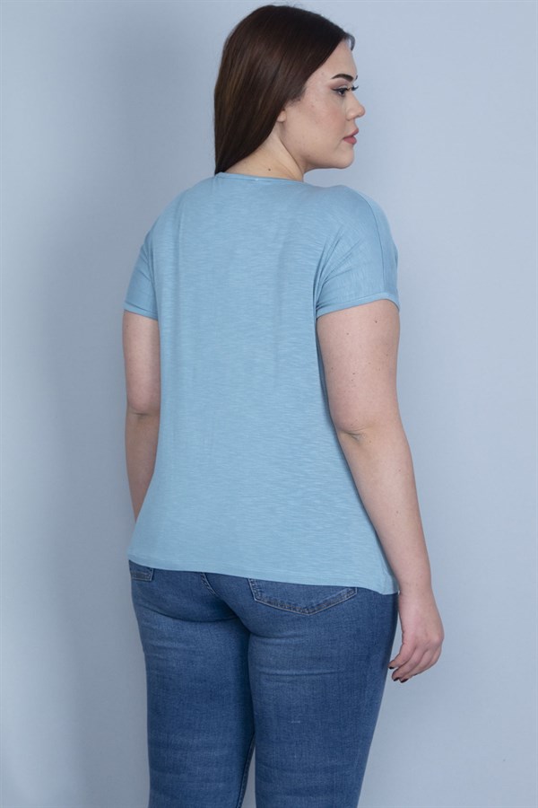 Kadın Mavi Lak Baskılı Düşük Kol Bluz 65N22983