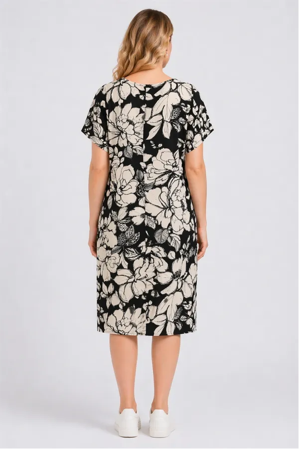 Kadın Büyük Beden Siyah, Çiçek Desenli Cepli Viskon Elbise 65N39471
