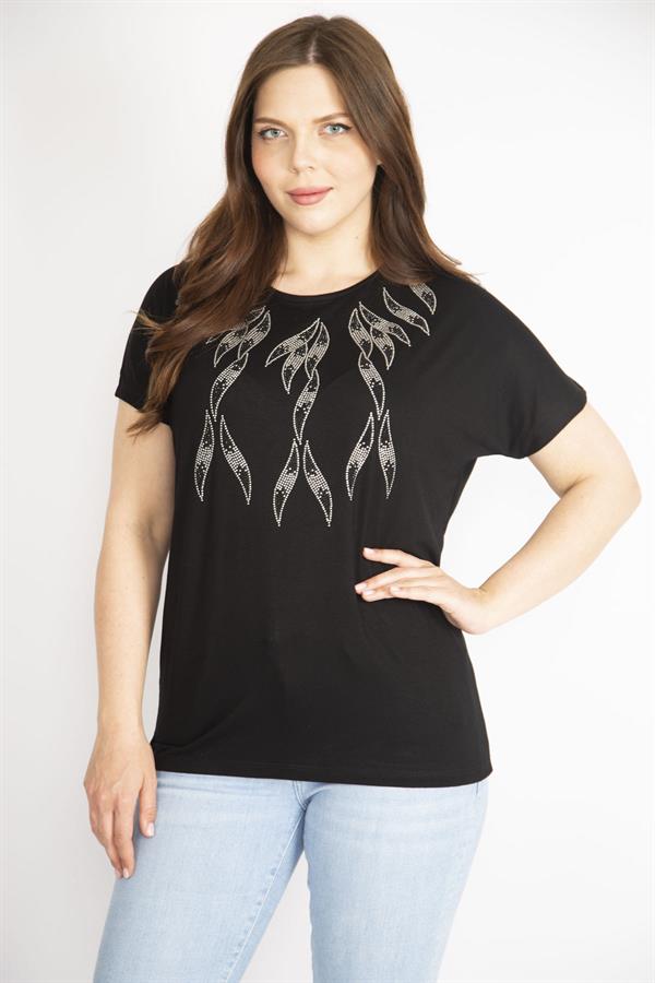 Kadın Siyah Büyük Beden Bisiklet Yaka Taş Detaylı Düşük Kollu Bluz