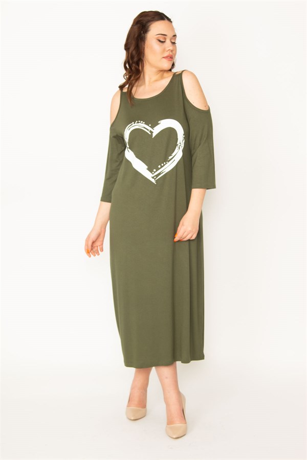 KADIN HAKİ OMUZ DEKOLTELİ ÖN BASKILI ELBİSE