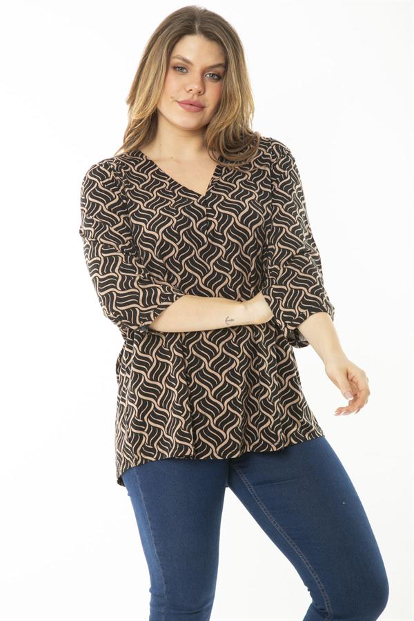 Kadın Büyük Beden Kahve Yaka Pileli Kapri Kollu Bluz 65N37147