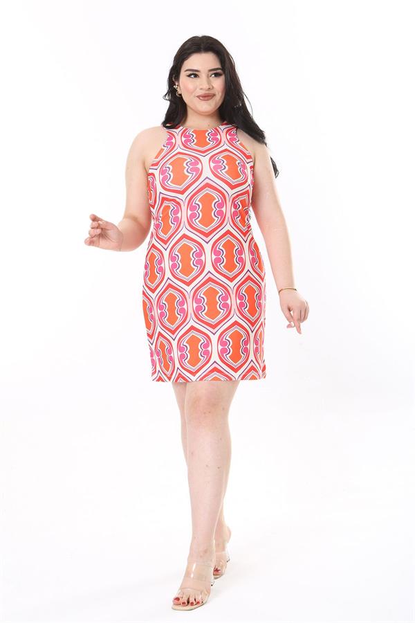 Kadın Büyük Beden Renkli Likralı Krep Kumaş Kolsuz Renkli Elbise 65N37936