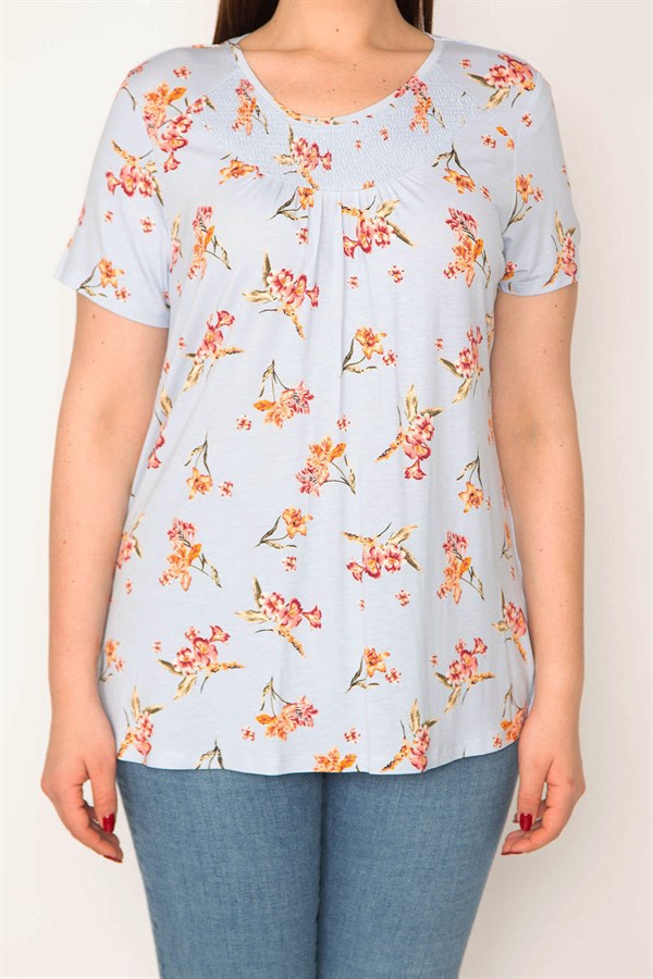 KADIN MAVİ YAKASI GİPE LASTİKLİ KISA KOLLU TUNİK