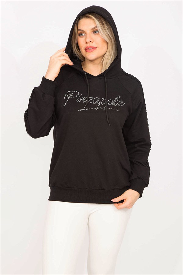 Kadın Siyah Taş Ve Dantel Detaylı Kapşonlu Sweatshirt   65N35309