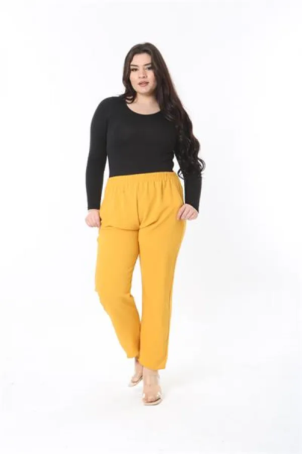 Kadın Büyük Beden Hardal Beli Lastikli Yan Cepli Pantolon 65N38929