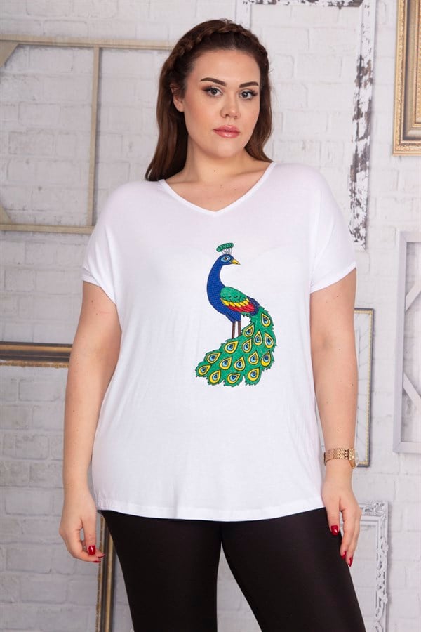 Kadın Beyaz Nakış Detaylı V Yaka Düşük Kol Bluz 65N22733