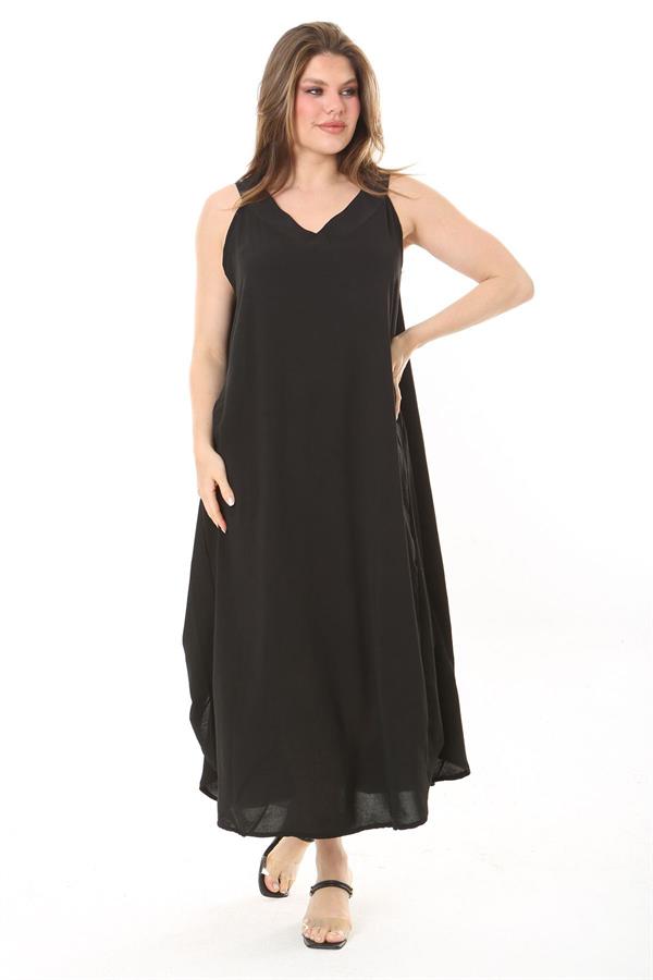 Kadın Büyük Beden Siyah Yan Boy Ayarlı Kolsuz Uzun Elbise 65N37885