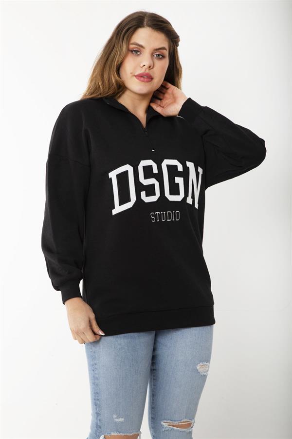 Kadın Büyük Beden Siyah İçi Şardonlu Ön Pat Fermuarlı Nakışlı Sweatshirt 65N37207