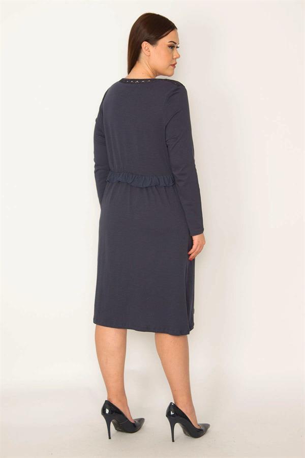 Kadın Büyük Beden Lacivert Delik İş Nakış Detaylı Elbise 65N37670