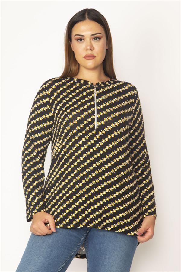 Kadın Siyah Ön Pat Fermuarlı Viskon Bluz 65N28620