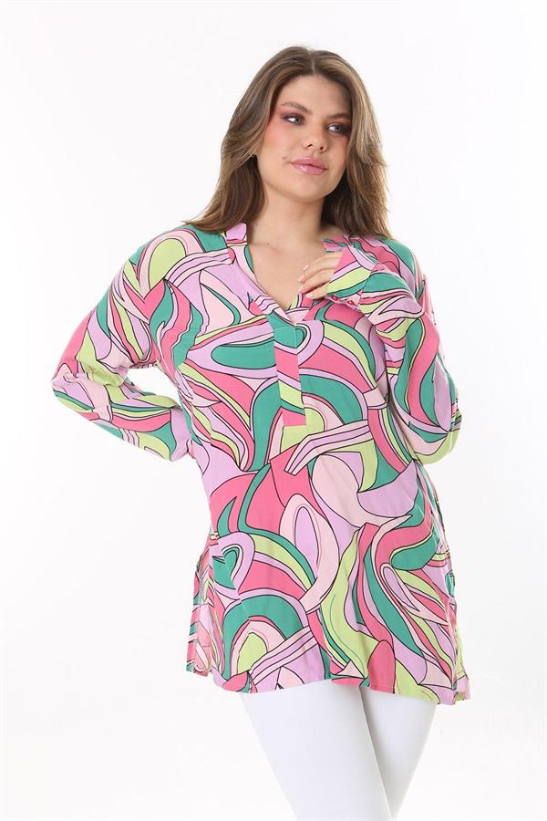 Kadın Büyük Beden Renkli Dokuma Viskon Kumaş Yan Yırtmaçlı V Yakalı Tunik 65N37789