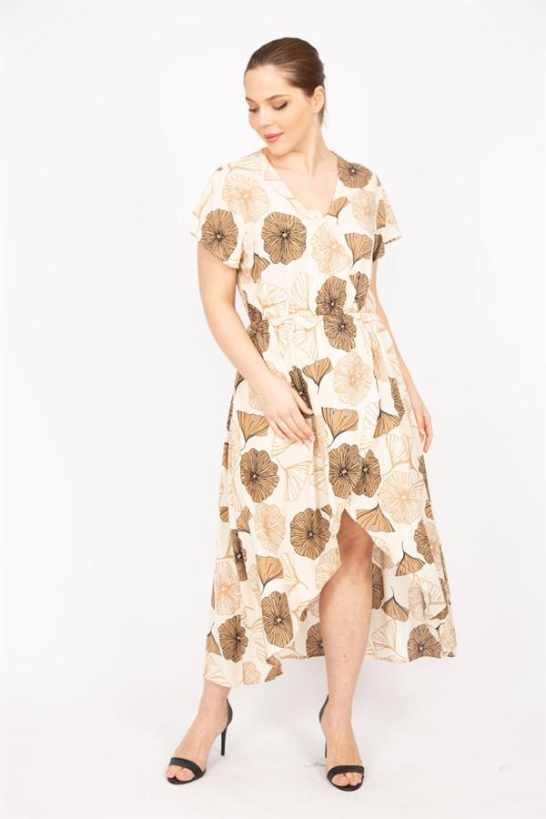 Kadın Bej Büyük Beden Dokuma Viskon Kumaş Eteği Anvelop Beli Lastikli Elbise 65N35832