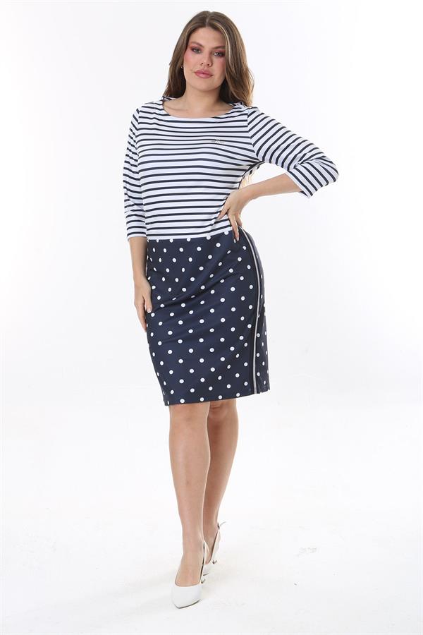 Kadın Büyük Beden Lacivert Marin Desen Likralı Saten Elbise 65N37785