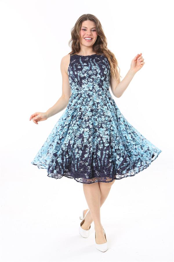 Kadın Büyük Beden Mavi Arka Fermuarlı Astarlı Dantel Elbise 65N37983