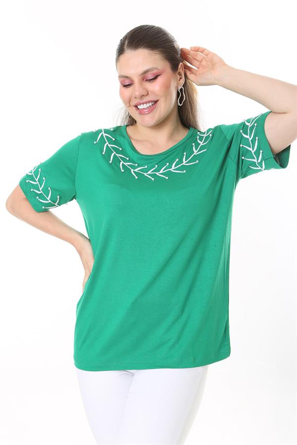 Kadın Büyük Beden Beyaz İnci Ve Nakış Detaylı Kısa Kollu Bluz 65N37677