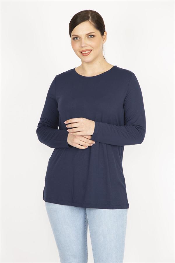 Kadın Lacivert Büyük Beden Bisiklet Yakalı Arka Fermuar Detaylı Bluz