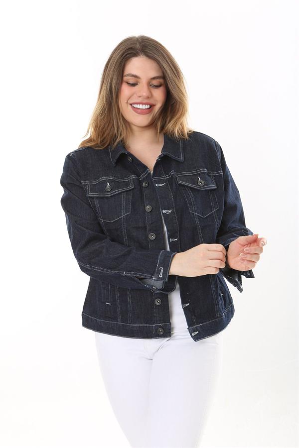 Kadın Büyük Beden Lacivert Ön Düğmeli Likralı Kot Mont 65N37576