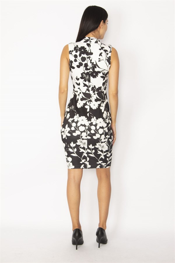 KADIN SİYAH BALIKÇI YAKA ÇİÇEK DESENLİ ELBİSE