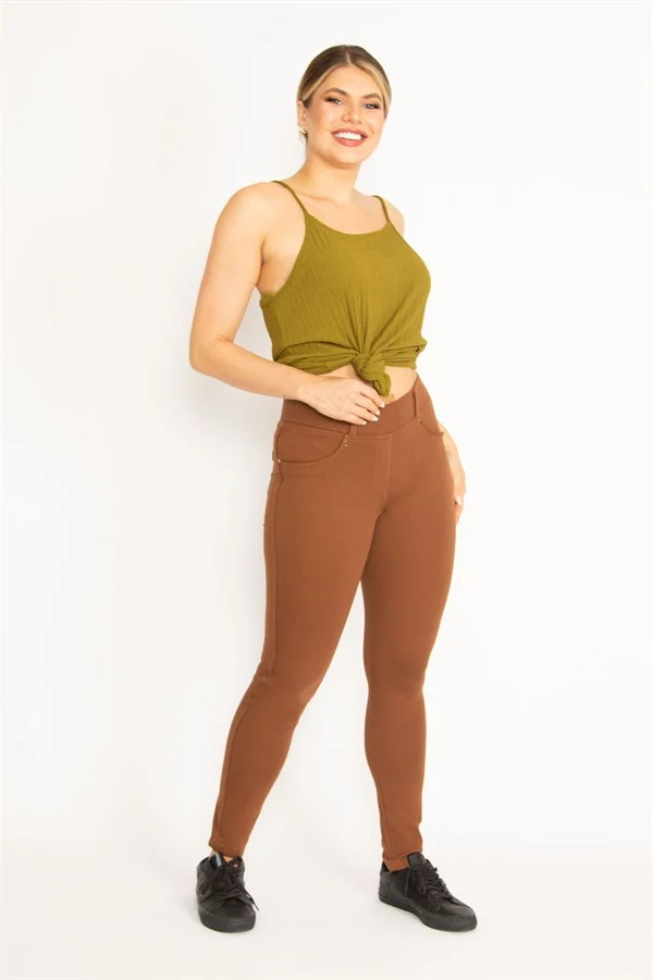 Kadın Kahve Ön Süs Ve Arka Cepli Tayt  65N34534