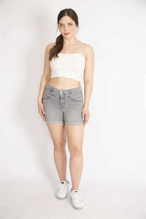 Kadın Gri Büyük Beden Duble Paça Likralı Kot Şort
