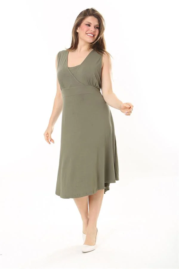 Kadın Haki Anvelop Yakalı Arka Bel Lastikli Kolsuz Likralı Viskon Elbise 65N37872
