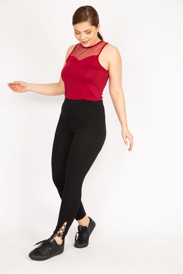 Kadın Siyah Büyük Beden Paçası Dantel Detaylı Toparlayıcı Tayt Pantolon