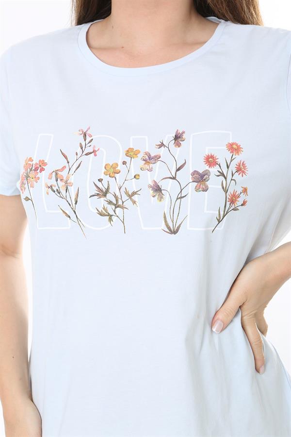 Büyük Beden Bebe Mavisi Pamuk Kumaş Ön Baskılı Kısa Kollu Bluz 65N37807