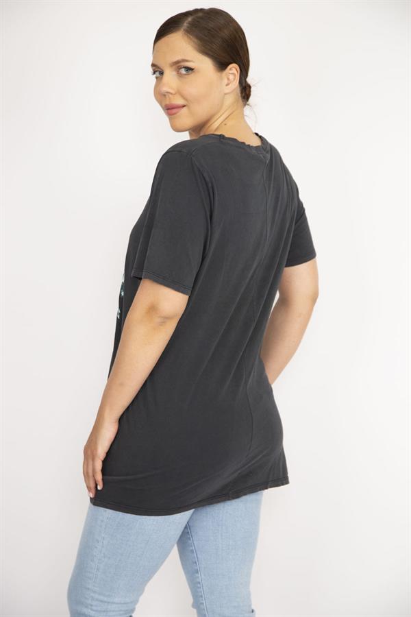 Kadın Büyük Beden Füme Pamuklu Kumaş Ön Baskılı Bisiklet Yakalı Bluz