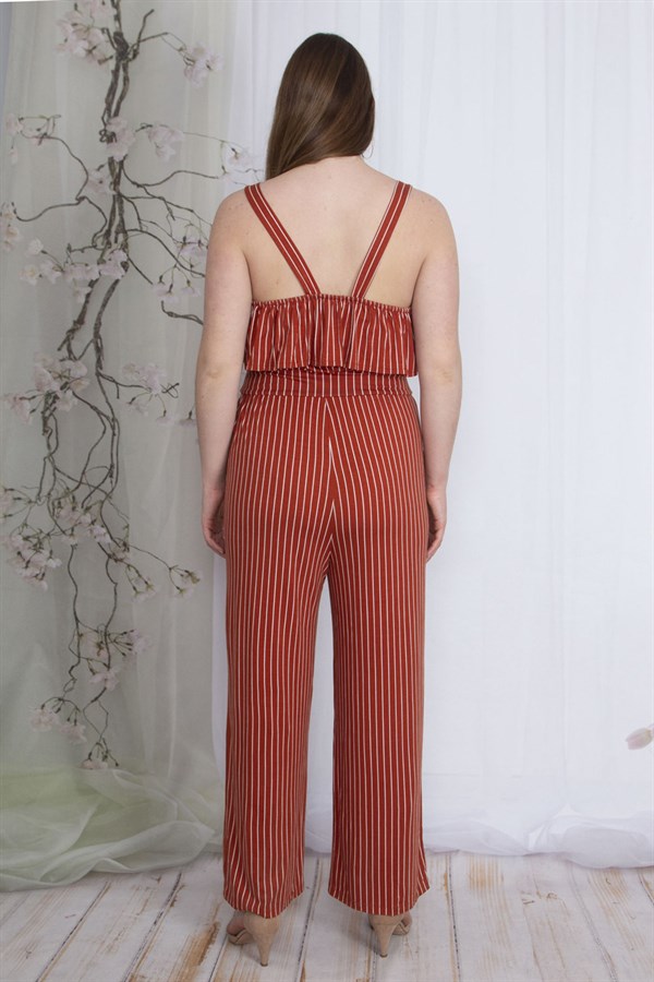 Kadın Tarçın Çizgili Volan Detaylı Askılı Tulum 65N23736