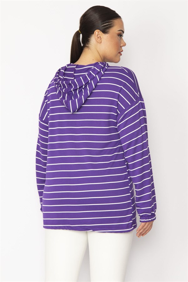 Kadın Mor Ön Pat Fermuarlı Kuşgözü Ve Bağcık Detaylı Kapşonlu Çizgili Tunik 65N28699