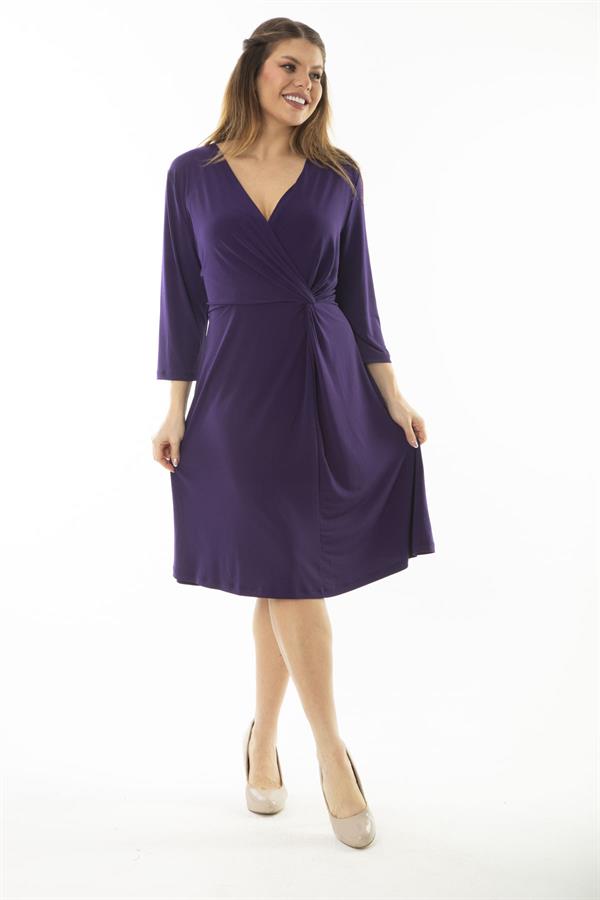 Kadın Büyük Beden Mor Anvelop Yakalı Kapri Kollu Elbise 65N37067