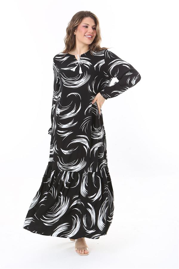 Kadın Büyük Beden Siyah Dokuma Viskon Kumaş Etek Ucu Katlı Uzun Kollu Elbise 65N37958