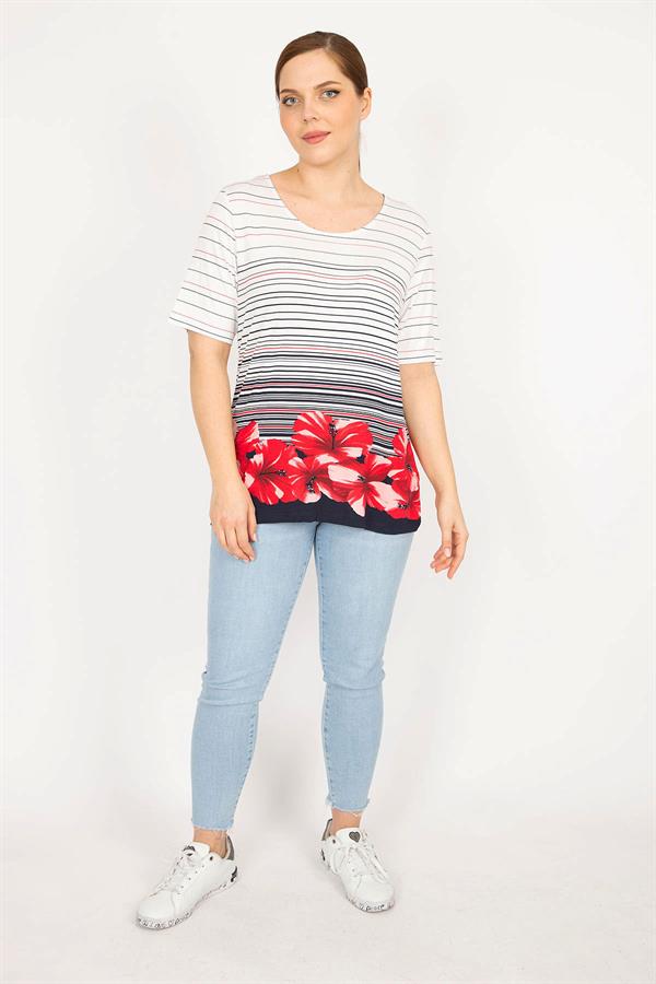 Kadın Renkli Büyük Beden Bisiklet Yakalı Desenli Bluz