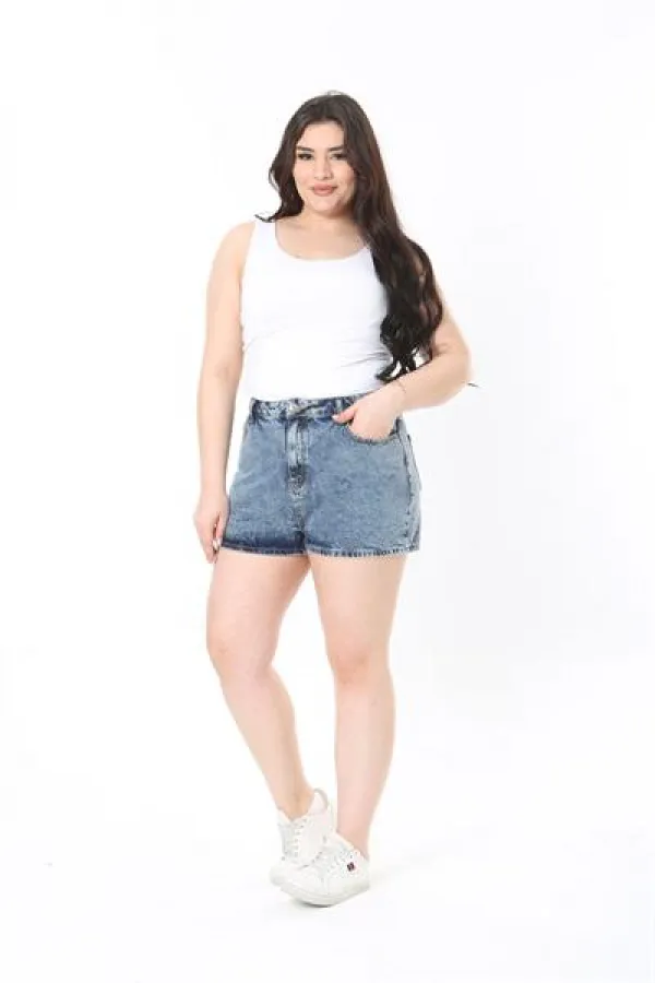 Kadın Büyük Beden Lacivert Yıkama Efektli 5 Cepli Kot Şort 65N38916