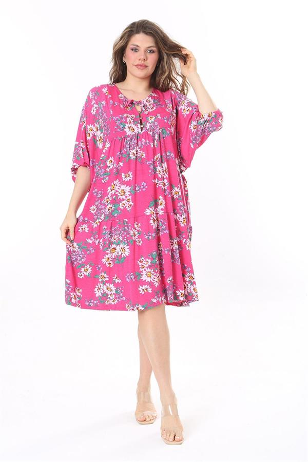 Kadın Büyük Beden Renkli Ön Pat Düğmeli Göğüs Büzgülü Yarasa Kollu Elbise 65N37959