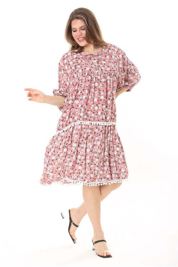 Kadın Büyük Beden Pembe Ön Patı Düğmeli Göğüs Büzgü Ve Ponpon Detaylı Elbise 65N37870