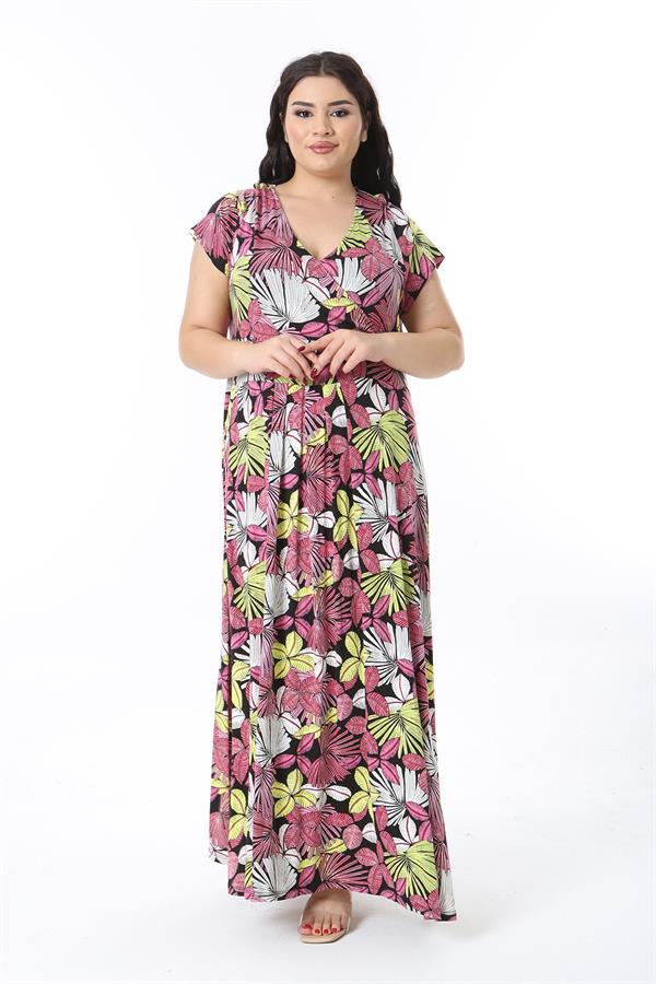 Kadın Büyük Beden Renkli Anvelop Yakalı Uzun Elbise 65N38584