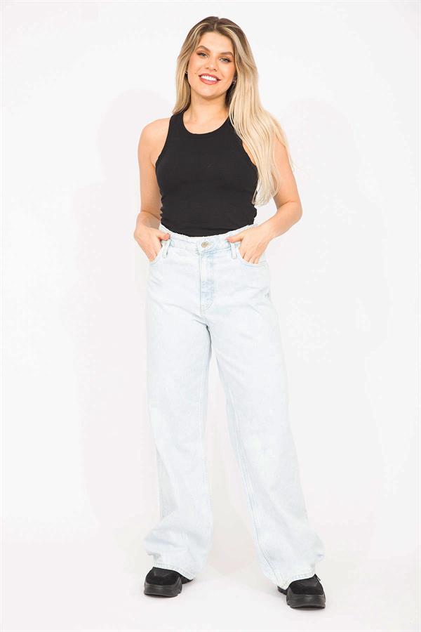 Kadın Büyük Beden Mavi Yıkama Efektli Yırtık Detaylı Yüksek Bel Kot Pantolon 65N36779