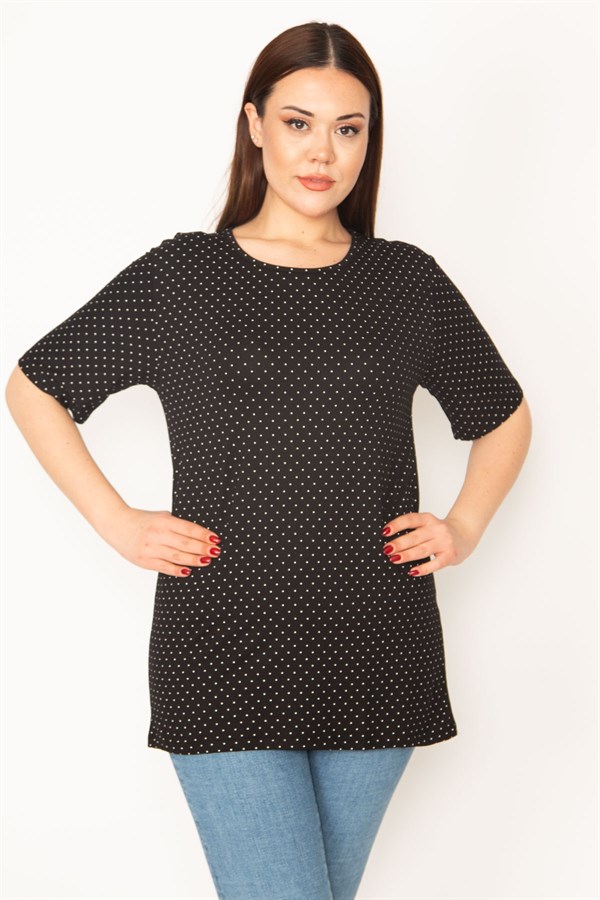 KADIN SİYAH PUAN DESENLİ BİSİKLET YAKA KISA KOLLU BLUZ
