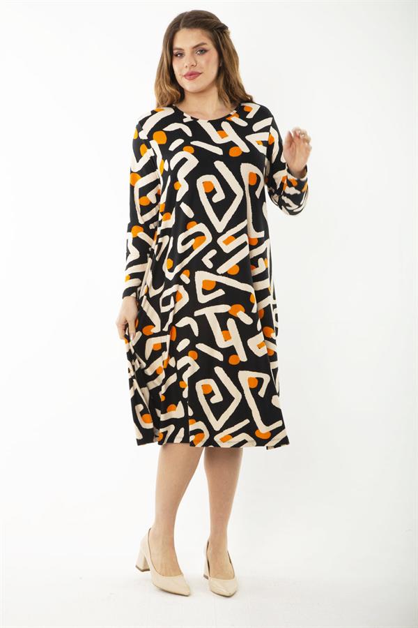 Kadın Büyük Beden Renkli Uzun Kollu Desenli Elbise 65N37191