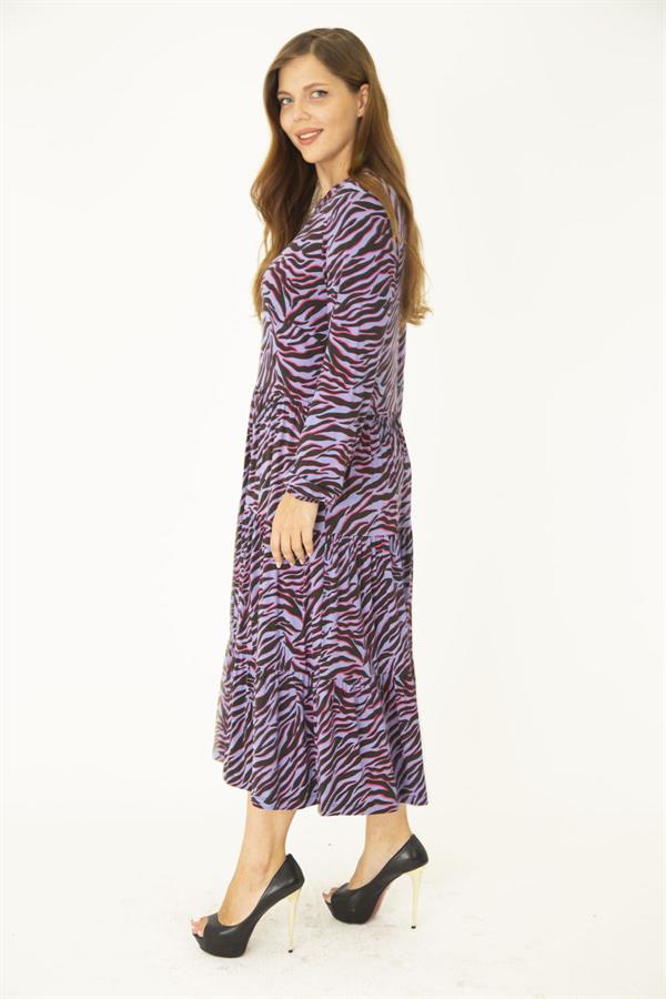 Kadın Büyük Beden Lila Öpücük Yaka Katlı Uzun Kollu Elbise 65N36913
