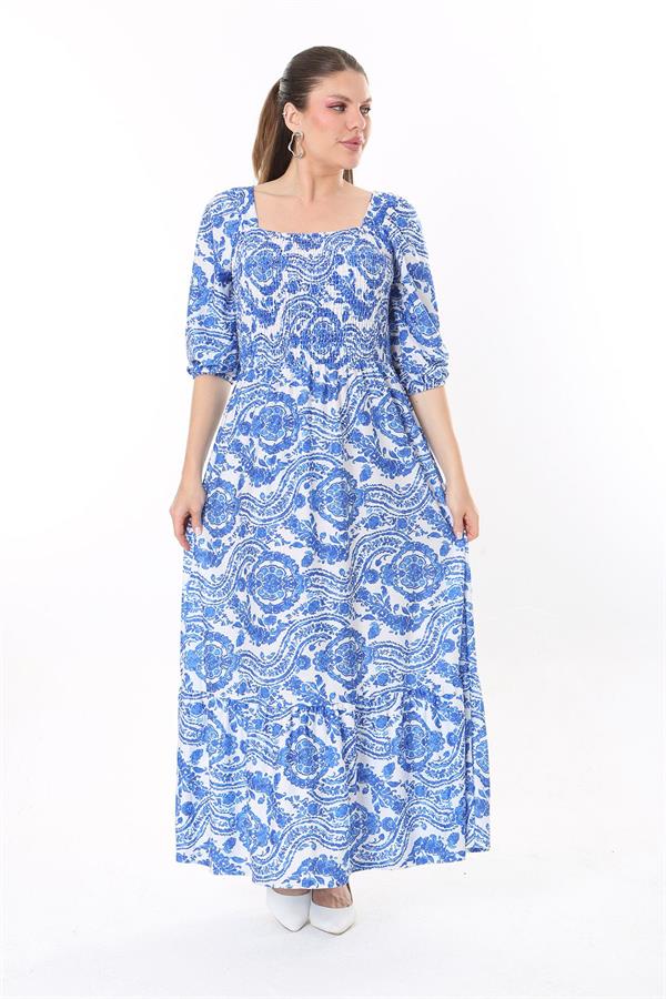 Kadın Büyük Beden Mavi Göğüs Kısmı Gipe Lastikli Etek Ucu Katlı Uzun Elbise 65N37737