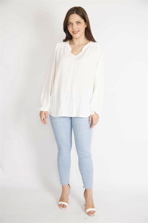 Kadın Kemik Büyük Beden Nopeli Kumaş Yaka Fırfırlı Kol Ağzı Lastikli Bluz