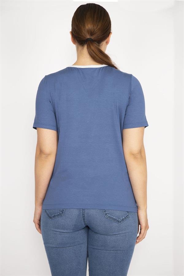 Kadın Mavi Büyük Beden Ön Pat Düğmeli Peto Cepli Kısa Kol Bluz