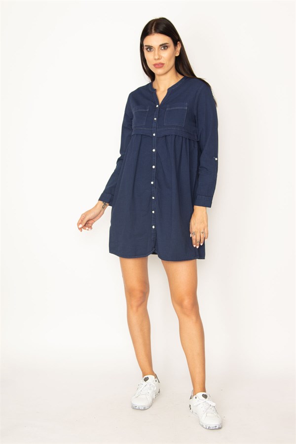 ROBE BLEU MARINE POUR FEMME AVEC POCHES ET PLIS À LA TAILLE