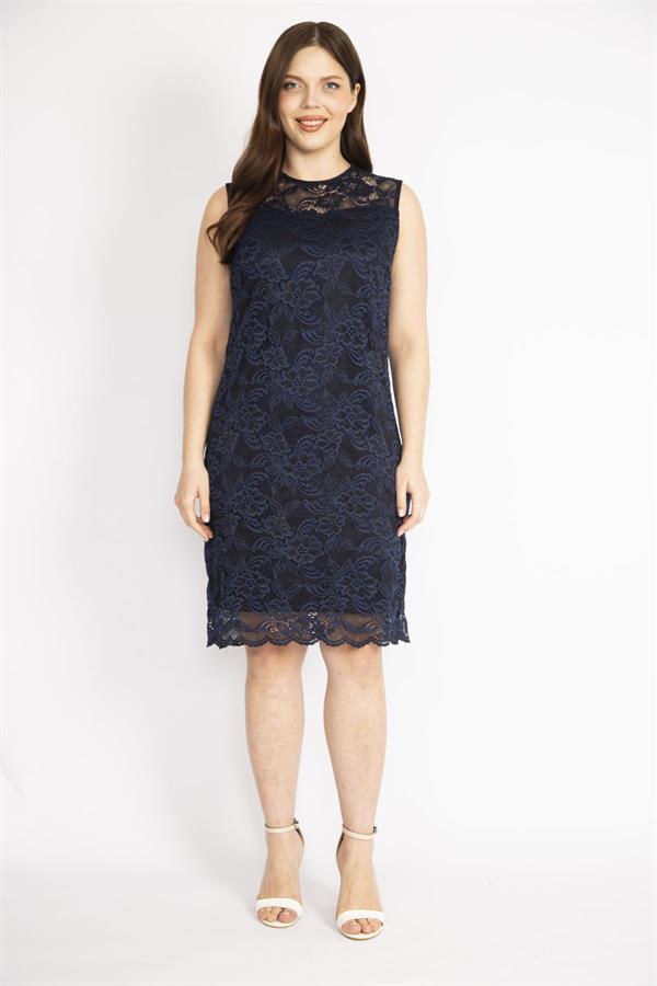 Kadın Bej Büyük Beden Arka Gizli Fermuarlı Astarlı Dantel Elbise