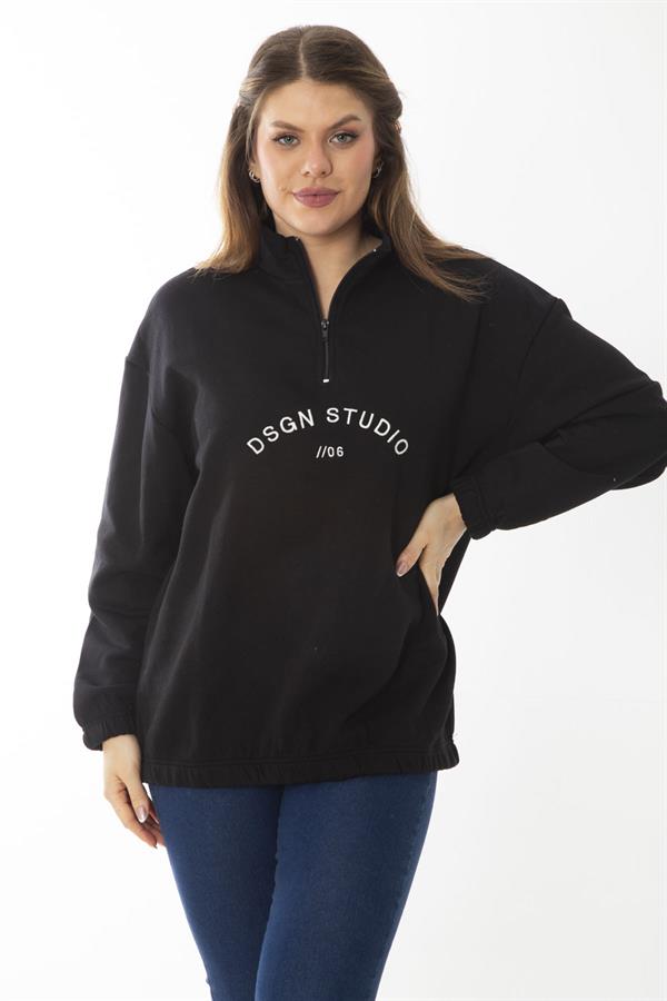 Kadın Büyük Beden Siyah İçi Şardonlu Ön Patı Fermuar Ve Nakış Detaylı Sweatshirt 65N37017