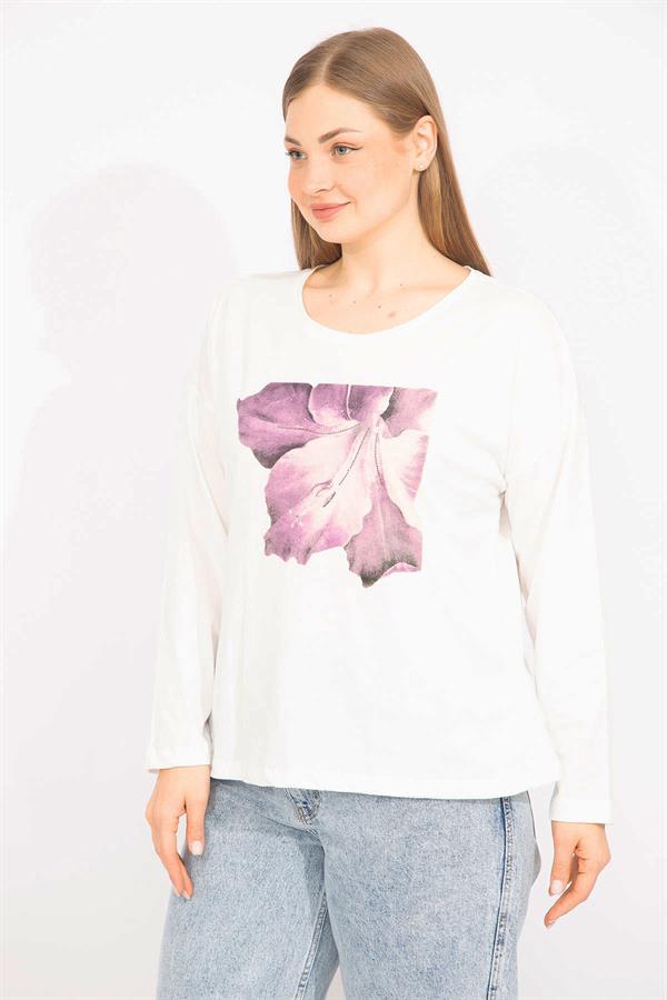 Kadın Kemik Büyük Beden Pamuklu Kumaş Kapri Kol Baskılı Bluz 65N35563